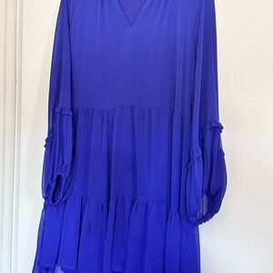 Blue V-Neck Long Sleeve Dress